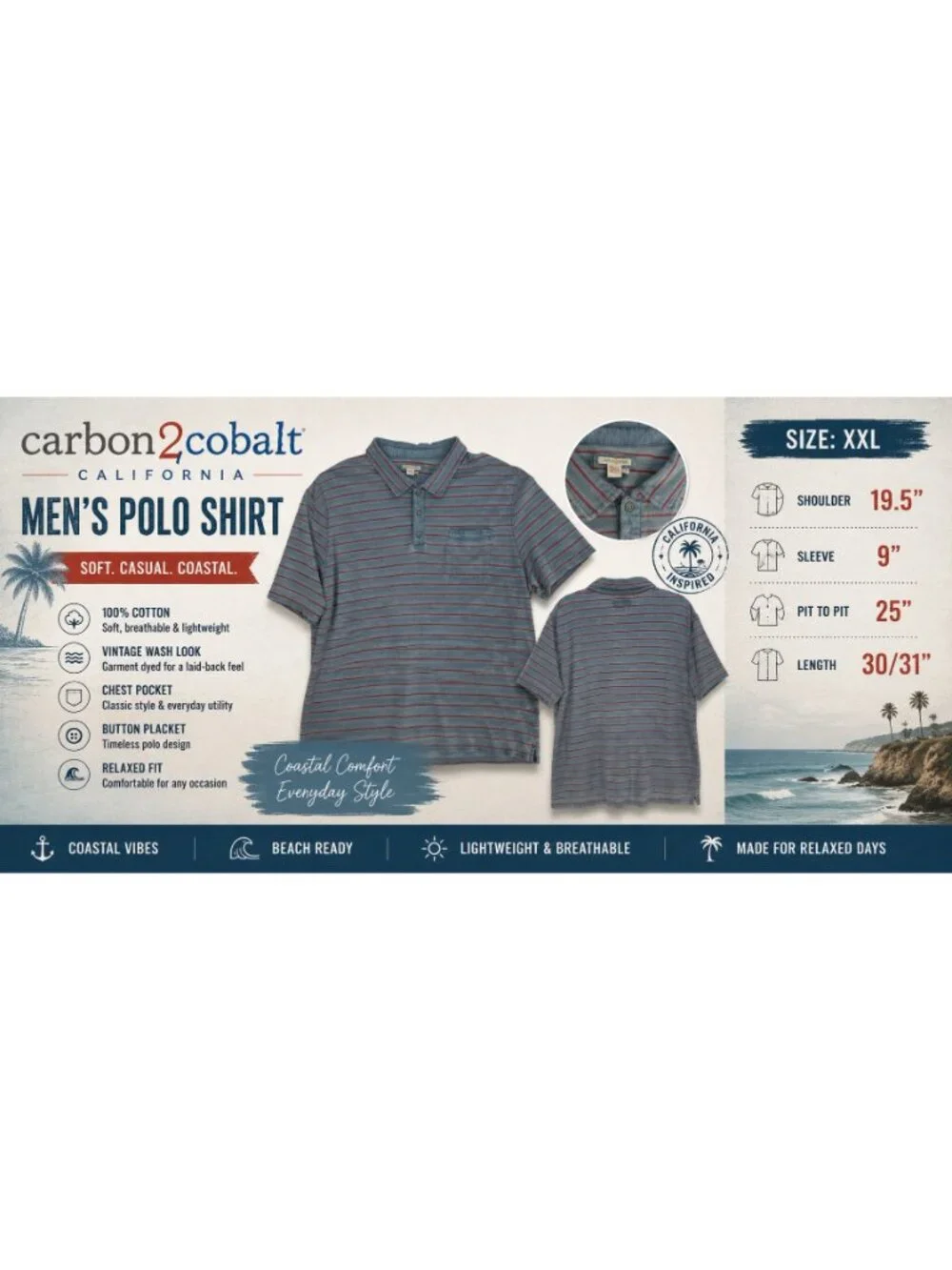 Carbon2Cobalt Men XXL Faded Blue Red Stripe Polo Shirt Pocket Cotton